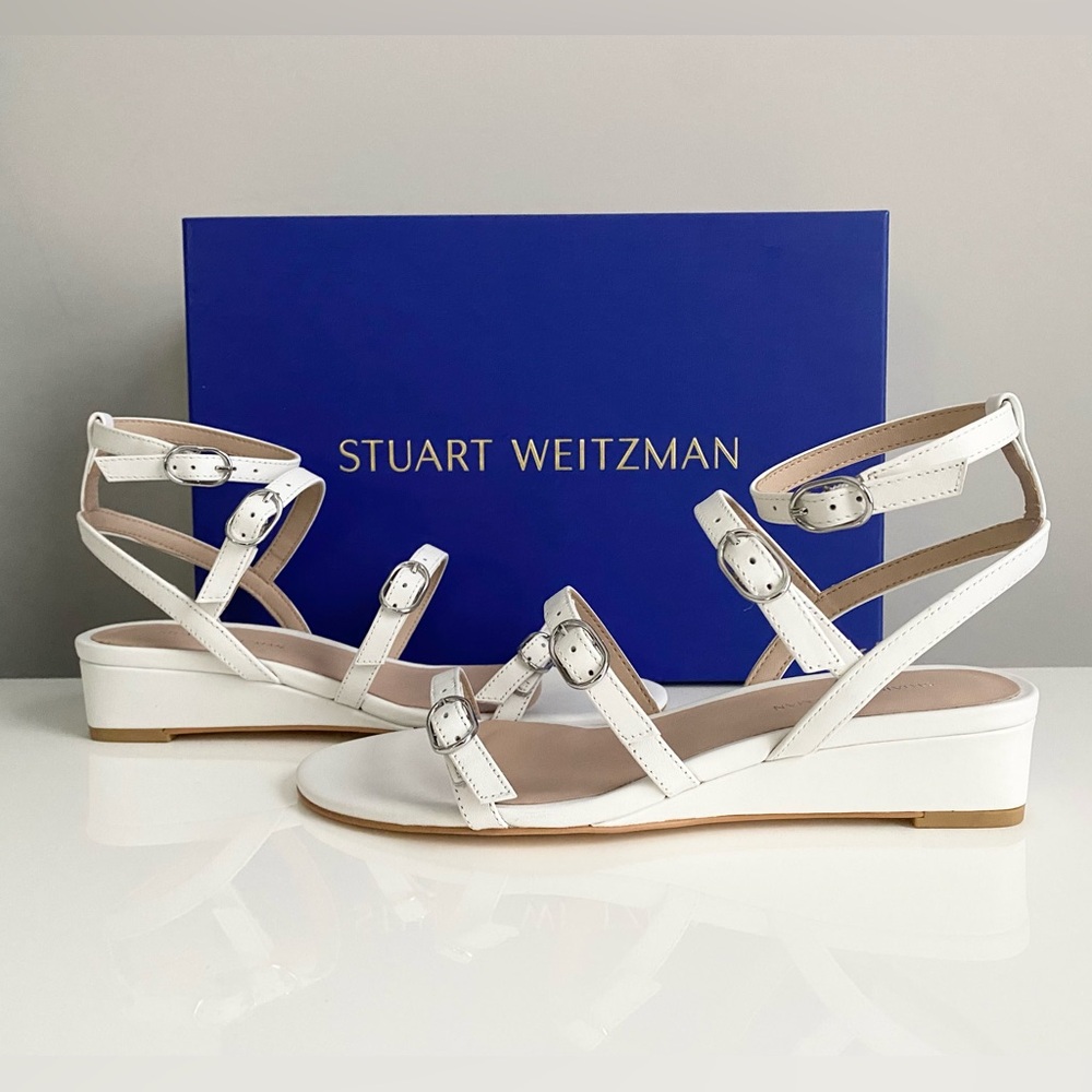 $450 STUART WEITZMAN Grecian Buckle Wedge White Leather Sandals Sz 36.5 6 B NEW - Picture 4 of 15